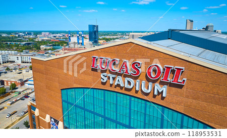 Aerial View of Lucas Oil Stadium in Indianapolis on Sunny Day 118953531