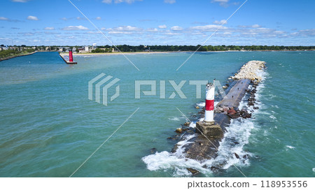 Aerial View of Dual Lighthouses on Lake Michigan Coastline 118953556