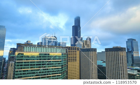 Chicago aerial skyscrapers with pretty blue sky and clouds over downtown buildings, tourism 118953570
