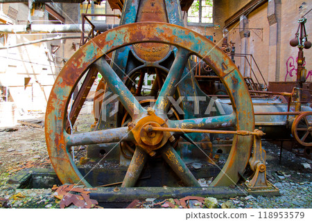 1902 Flywheel in Abandoned Armour Factory, Rusting Industrial Relic 1902 Flywheel in Abandoned Armour Factory, Rusting Industrial Relic 118953579