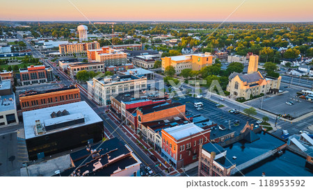 High Street United Methodist Church, water tower, and downtown buildings at dawn aerial Muncie, IN High Street United Methodist Church, water tower, and downtown buildings at dawn aerial Muncie, IN 118953592