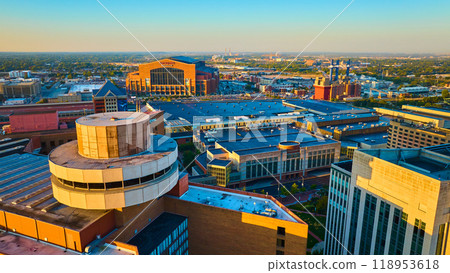 Aerial Golden Hour Over Indianapolis Stadium and Cityscape 118953618