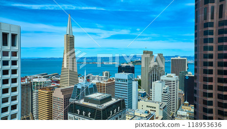 Transamerica Pyramid and other skyscraper rooftops in San Francisco Aerial with bay, CA Transamerica Pyramid and other skyscraper rooftops in San Francisco Aerial with bay, CA 118953636