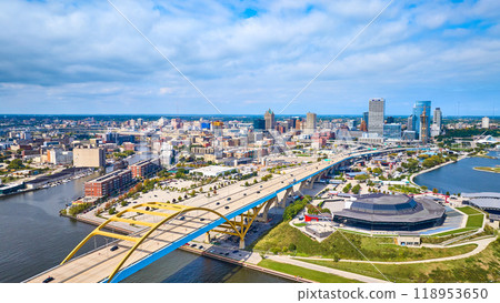 Aerial View of Milwaukee Cityscape with Stadium and Hoan Bridge Panorama 118953650