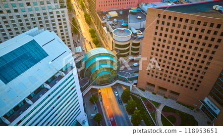 Aerial Golden Hour Cityscape with Keystone Mall Walkway - Indianapolis 118953651