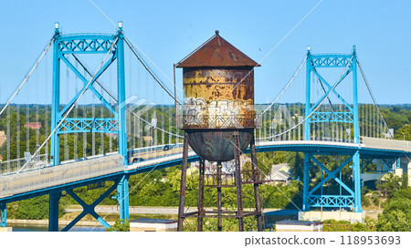 Aerial View of Rusted Water Tower and Blue Suspension Bridge in Toledo Aerial View of Rusted Water Tower and Blue Suspension Bridge in Toledo 118953693