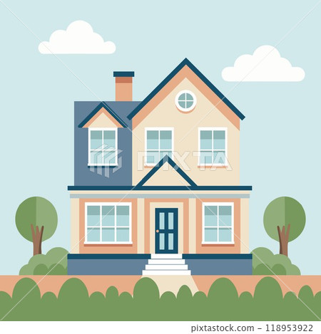 Cozy country house among green trees and bushes. Rural cozy cottage. Flat style illustration Cozy country house among green trees and bushes. Rural cozy cottage. Flat style illustration 118953922