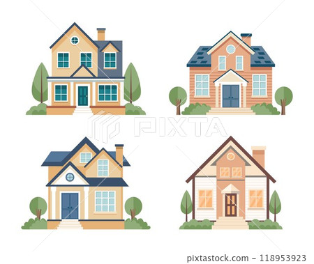 Set of cozy country houses. Village cottages collection. Flat style architecture illustration 118953923