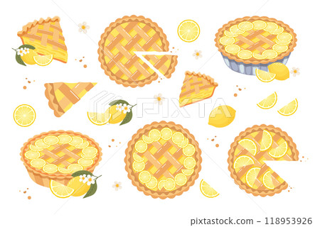 Set of baked lemon pie, pie pieces and lemons. Food, dessert, sweet. Flat illustration, sweet snack icons 118953926