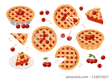 Set of baked cherry pies, pieces of cherry pie. Food, dessert, sweet. Flat illustration, sweet snack icons 118953927