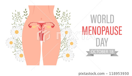 World Menopause Day Banner. Female reproductive system with flowers. Medical poster, illustration. 118953930