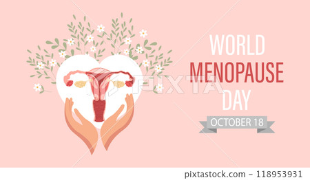 World Menopause Day Banner. Female reproductive system in hands with flowers. Medical poster, illustration. 118953931