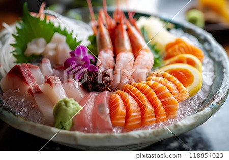 Assorted sashimi and prawns on ice 118954023