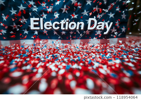 Colorful confetti celebrates election day in patriotic red, white, and blue 118954064