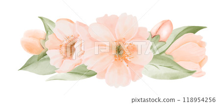 Peach or Cherry Flowers with Leaves and Bud Bouquet. Watercolor hand painted botanical illustration isolated on a white background. Peach fuzz 2024 year color. Perfect for wedding invitations 118954256