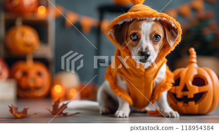 Halloween cute puppy dog, carved jack-o'-lanterns, pumpkin, banner copy space horizontal Halloween cute puppy dog, carved jack-o'-lanterns, pumpkin, banner copy space horizontal 118954384