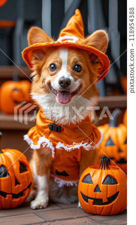Halloween cute puppy dog, carved jack-o'-lanterns, pumpkin, banner copy space vertical Halloween cute puppy dog, carved jack-o'-lanterns, pumpkin, banner copy space vertical 118954388