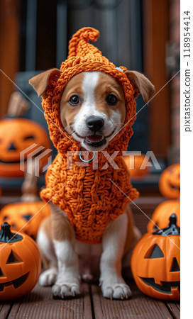 Halloween cute puppy dog, carved jack-o'-lanterns, pumpkin, banner copy space vertical 118954414
