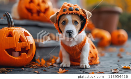 Halloween cute puppy dog, carved jack-o'-lanterns, pumpkin, banner copy space horizontal 118954416