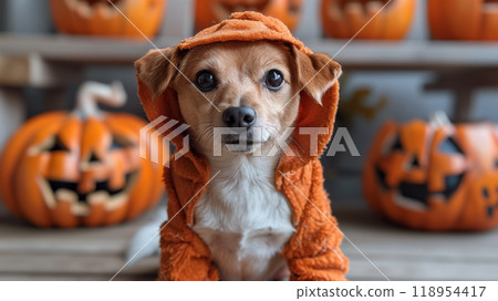 Halloween cute puppy dog, carved jack-o'-lanterns, pumpkin, banner copy space horizontal 118954417