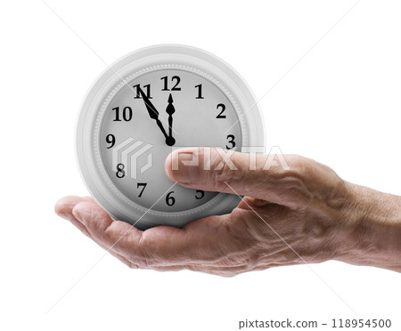 Classic round clock on senior hand isolated on white background. Aging problems concept 118954500