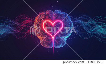 Neon heart in brain: fusion of love and intelligence in vibrant artwork 118954513