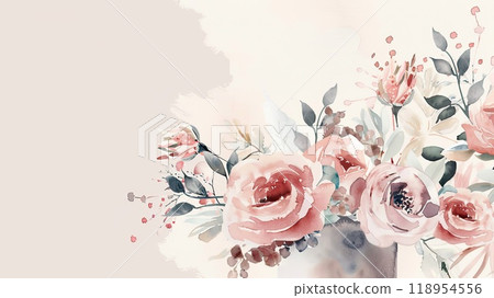 A beautifully arranged bouquet features soft pink roses and delicate flowers, illustrated with gentle brush strokes on a pale background, evoking tranquility. 118954556