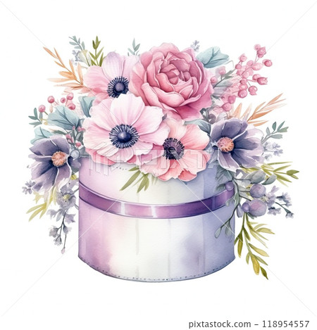 This arrangement features soft pastels with roses, anemones, and greenery, elegantly placed in a round decorative box, ideal for brightening any space. 118954557