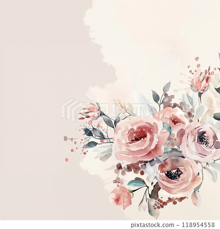 A beautiful arrangement of watercolor roses in soft pink blooms, complemented by green foliage, rests against a light, neutral backdrop, enhancing any space with elegance. 118954558
