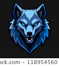 wolf with glowing blue eyes, set against a black background 118954560