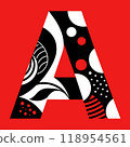 The letter A in black and white with abstract patterns on a red background. 118954561