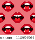 red lips with vampire teeth on a pink background 118954564