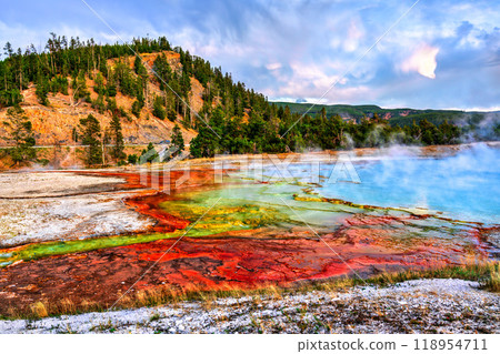 Excelsior Geyser in the Midway Geyser Basin of Yellowstone National Park. UNESCO world heritage in Wyoming, United States Excelsior Geyser in the Midway Geyser Basin of Yellowstone National Park. UNESCO world heritage in Wyoming, United States 118954711