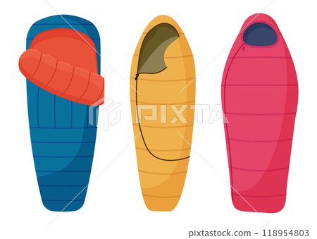 Camping sleeping bag set. Hiking sleep equipment. Vector hand drawn illustration 118954803