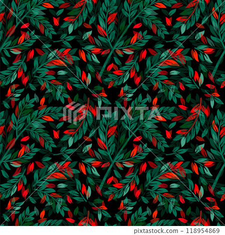 Green and red seamless background twigs and leaves. hand drawing. Not AI, Vector illustration Green and red seamless background twigs and leaves. hand drawing. Not AI, Vector illustration 118954869