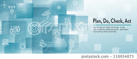 Plan Do Check Act Business Strategy - Procedure for Continuous Improvement Icon Set and Web Header Banner 118954873