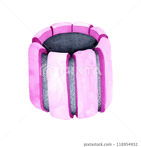 Watercolor illustration of a dumbbell weight. The drawing is done by hand. The weighting agent is purple on a transparent background. Sports equipment image for stickers, scrapbooking, posters, prints 118954932