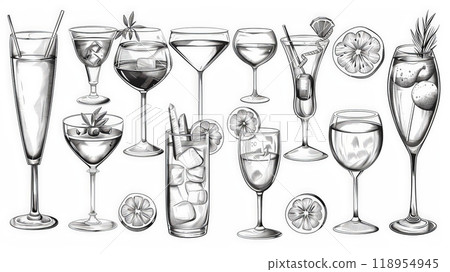 This collection showcases a variety of drink and alcohol icons arranged in a stylish format 118954945
