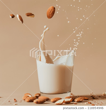 Almond milk splashes dramatically into a glass as whole almonds float in the air, creating a dynamic and appealing visual composition 118954946