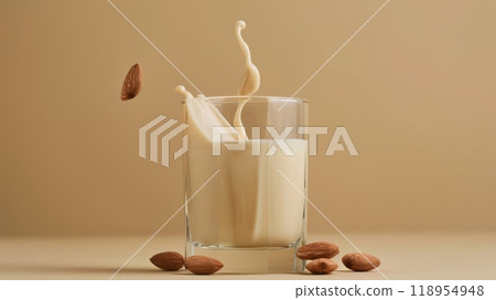 A sizable drop of almond milk is captured mid-air as it splashes from a glass filled with creamy beverage, with whole almonds scattered around, set against a warm beige background 118954948