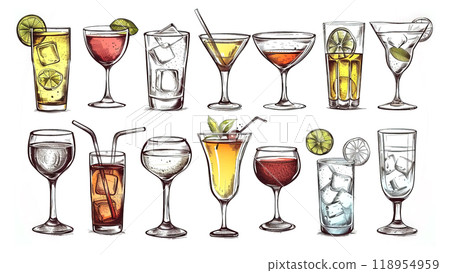 This collection features hand-drawn icons of various cocktails and drinks, highlighting unique glassware and colorful ingredients. Perfect for design projects related to beverages This collection features hand-drawn icons of various cocktails and drinks, highlighting unique glassware and colorful ingredients. Perfect for design projects related to beverages 118954959