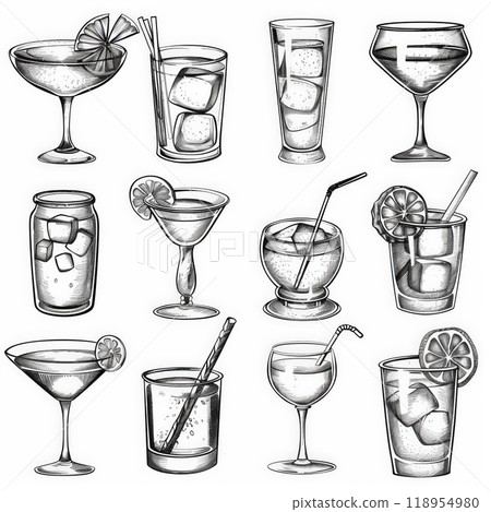 This collection highlights different cocktails and alcoholic drinks, featuring stylish glassware, garnishes, and ice, perfect for bar and party themes 118954980