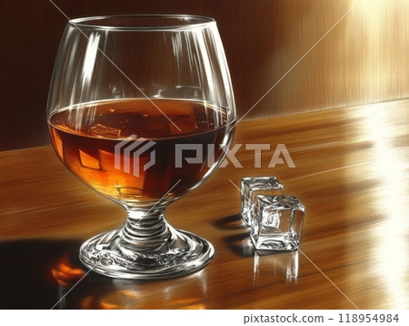 A glass filled with rich amber single malt scotch whisky sits atop a smooth wooden table, accompanied by two ice cubes that enhance the drink's experience A glass filled with rich amber single malt scotch whisky sits atop a smooth wooden table, accompanied by two ice cubes that enhance the drink's experience 118954984