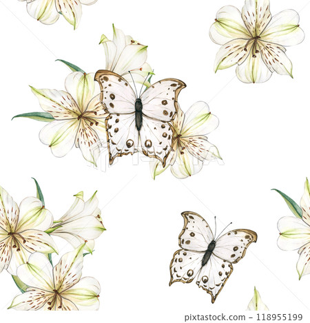 Watercolor seamless pattern with white flowers and Butterflys. Vintage background with composition of Lilies. Floral botanical illustration for textile, scrapbooking paper, stationery design Watercolor seamless pattern with white flowers and Butterflys. Vintage background with composition of Lilies. Floral botanical illustration for textile, scrapbooking paper, stationery design 118955199