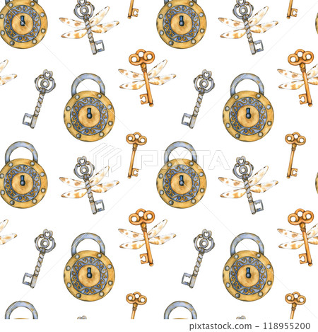 Watercolor seamless pattern with flying keys and an old lock. Vintage background with old-fashioned items. Hand-drawn wallpapers for textile, scrapbooking paper, stationery design Watercolor seamless pattern with flying keys and an old lock. Vintage background with old-fashioned items. Hand-drawn wallpapers for textile, scrapbooking paper, stationery design 118955200