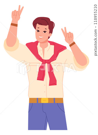 Happy young man with victory two finger gesture 118955210