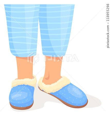 Warm cozy slippers and blue pajamas on cartoon legs 118955298