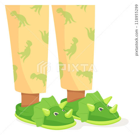 Dinosaur slippers on black boy feet. Home outfit 118955299