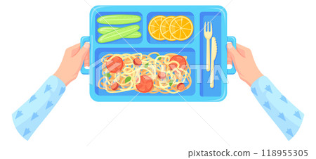 Lunch tray in human hands. Dinner food cartoon icon Lunch tray in human hands. Dinner food cartoon icon 118955305
