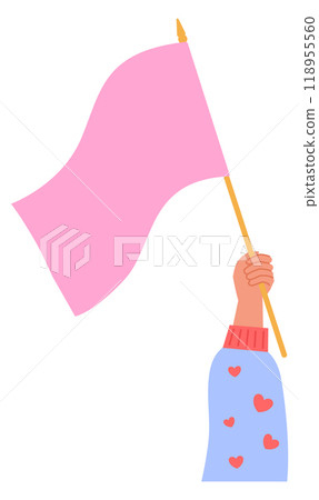 Pink flag in hand. Female power parade symbol 118955560